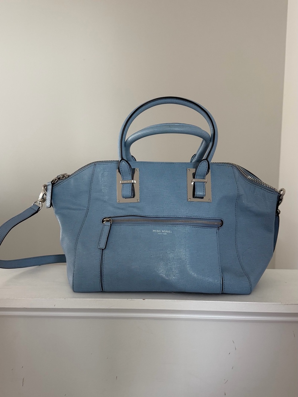 henri bendel powder blue satchel with silver hardware